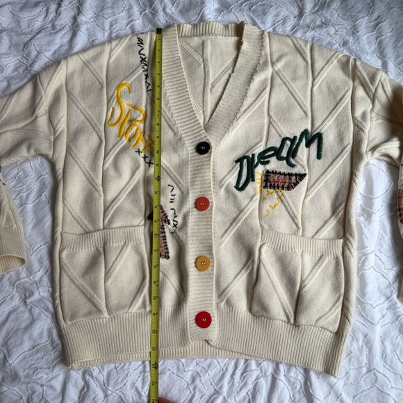 Anrabess Cream Cardigan with Embroidered Accents Lettering Patchwork Thick - Picture 9 of 12